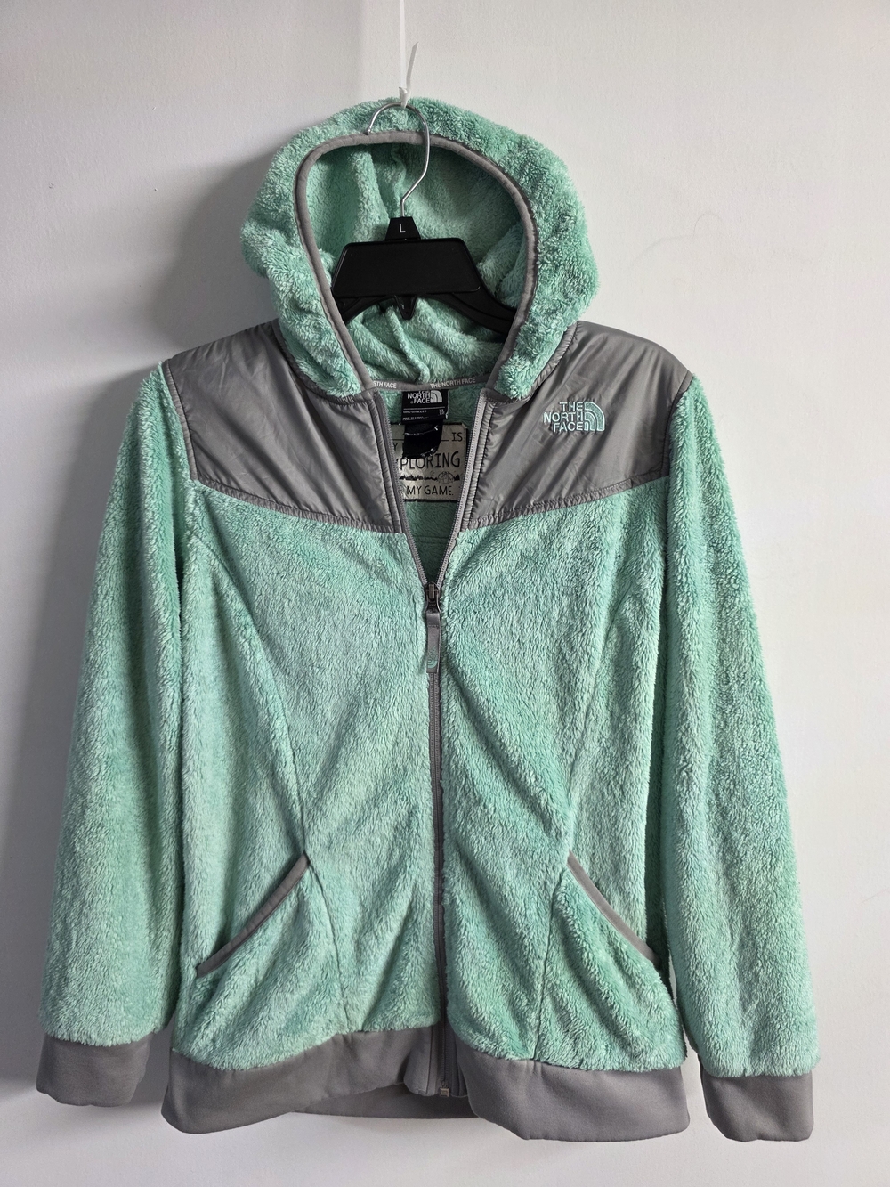 The North Face Mint Green and Gray Hooded Fleece Jacket